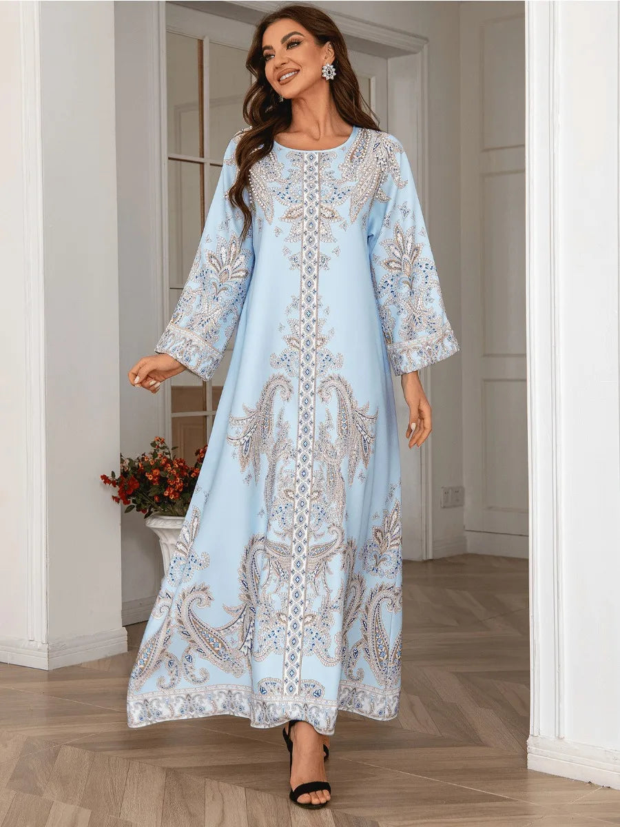 Eid Muslim Beading Party Dress for Women Ramadan Abaya Long Dress Print Morocco Kaftan Vestidos Largos Dubai Robe Jalabiya 2024