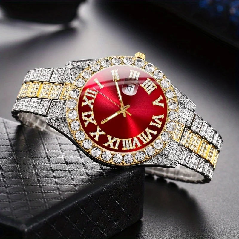 4pcs/set, Business Luxury Men's Rhinestone Watch Jewelry Set, Classic Silvery Men Quartz Calendar Wrist Watch - Gifts for Men,