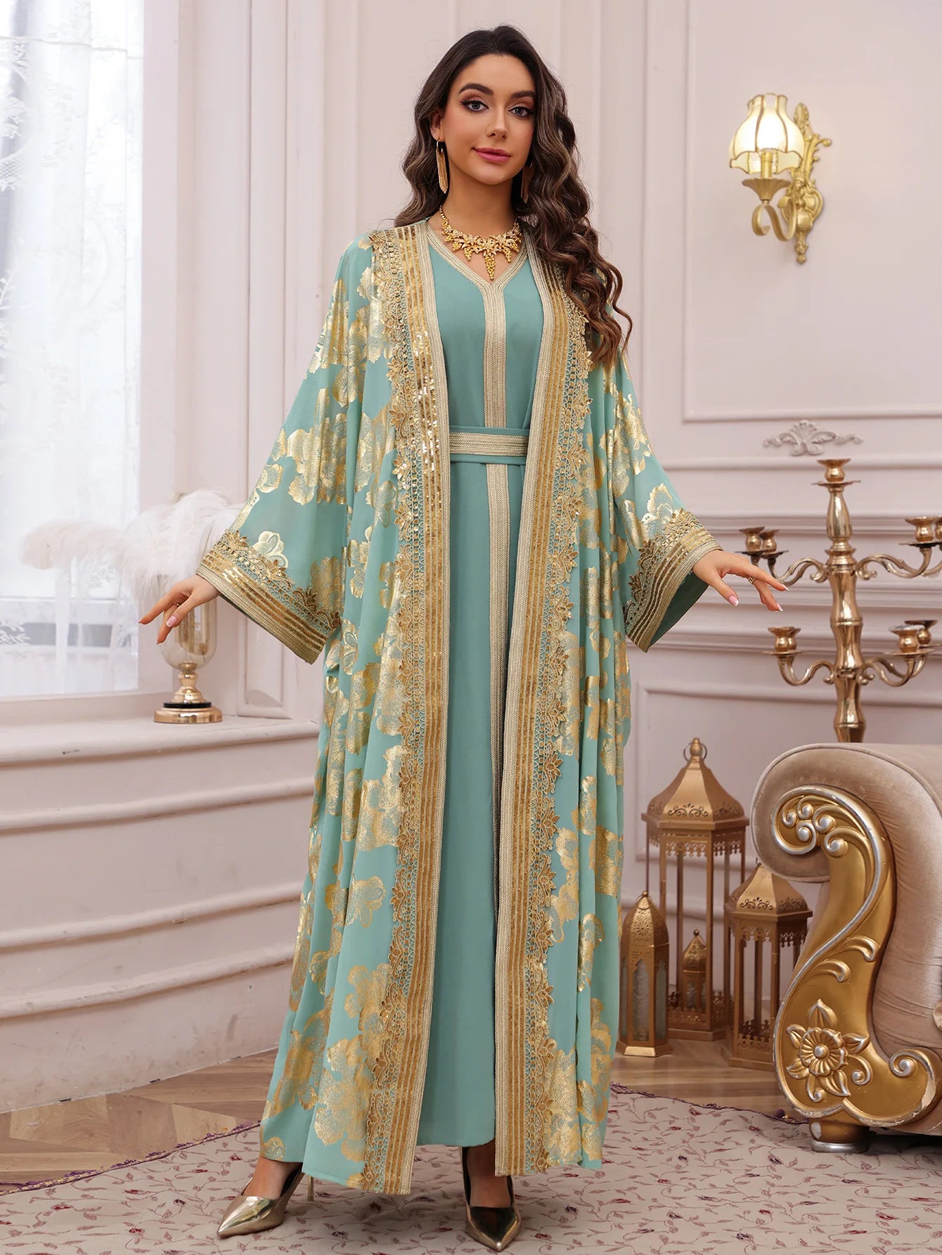 Eid Muslim Party Dress for Women Abaya with Inner Dress 2 Piece Set Jalabiya Ramadan Abayas Robe Caftan Vestidos Largos Kebaya