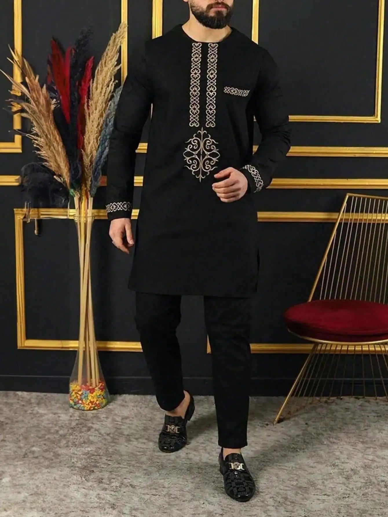 Kaftan Mens Designer Clothes Embroidered Tops And Trousers With Pockets Elegant Suits for Men African Casual 2 Pcs Suit Outfits