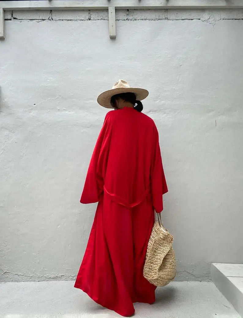 5 Colors Solid Bikini Cover-ups Long Kimono Sexy Belted Summer Wrap Dress Women Beach Wear Cover Up Cardigan Robe De Plage
