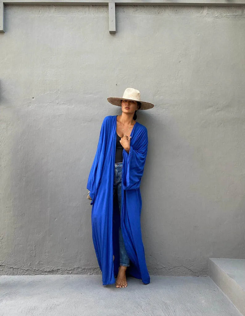 5 Colors Solid Bikini Cover-ups Long Kimono Sexy Belted Summer Wrap Dress Women Beach Wear Cover Up Cardigan Robe De Plage