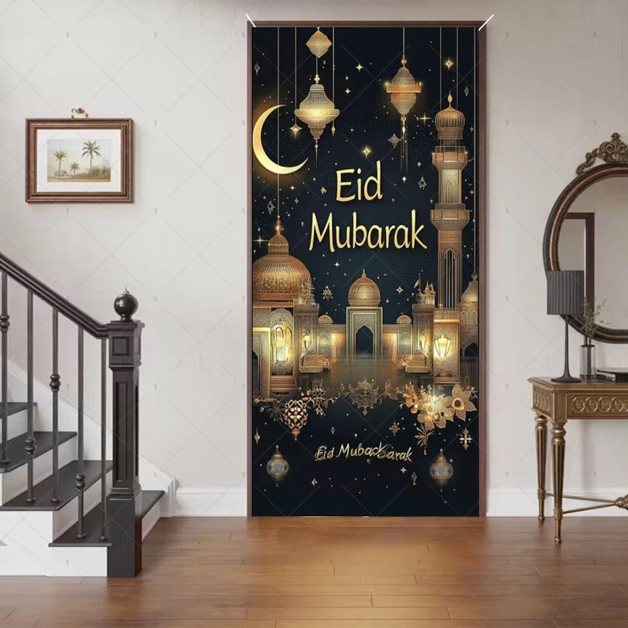 Ramadan Eid Door Cover Backdrop Supplies Moon Mosque Background Islamic Muslim Festival Theme Party Decoration Photography Props