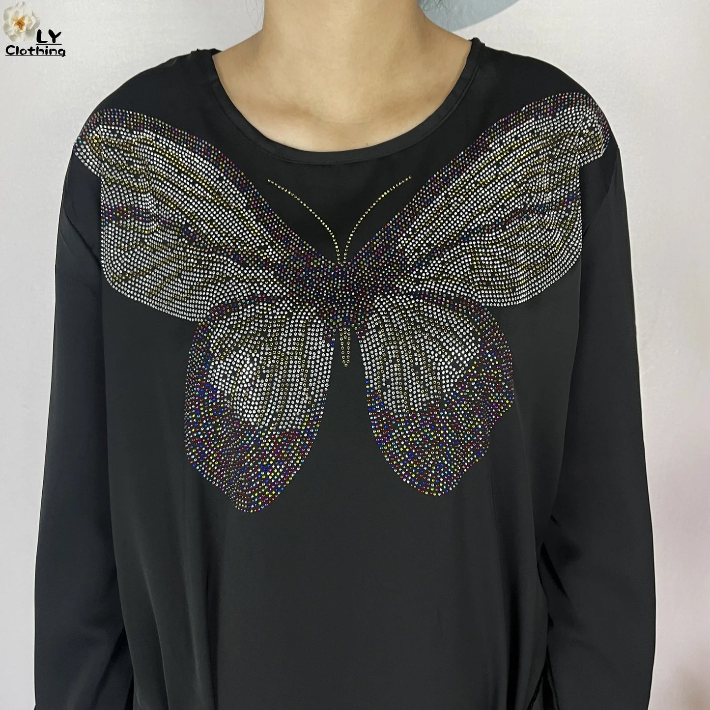 2025New Dubai Muslim Women Elegant Dress African Abaya Loose Butterfly Pattern Diamond Islamic Long Sleeve Turkey Femme Clothing