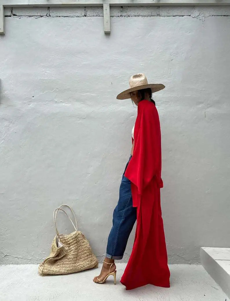 5 Colors Solid Bikini Cover-ups Long Kimono Sexy Belted Summer Wrap Dress Women Beach Wear Cover Up Cardigan Robe De Plage