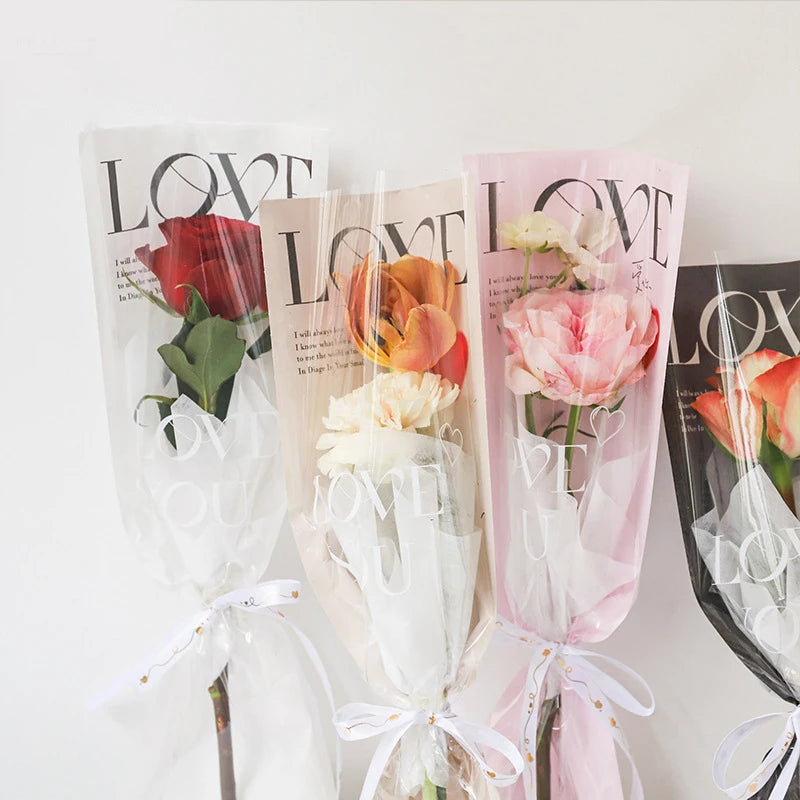 20pcs LOVE Transparent Rose Packaging Bags Valentine's Day Flower Packaging Transparent Bag Waterproof Bouquet Cover