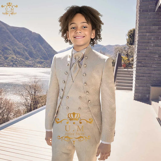 Champagne boys' suit 3-piece elegant jacquard jacket vest pants tailored set for wedding pageboy ball prom Xmas party tailcoat