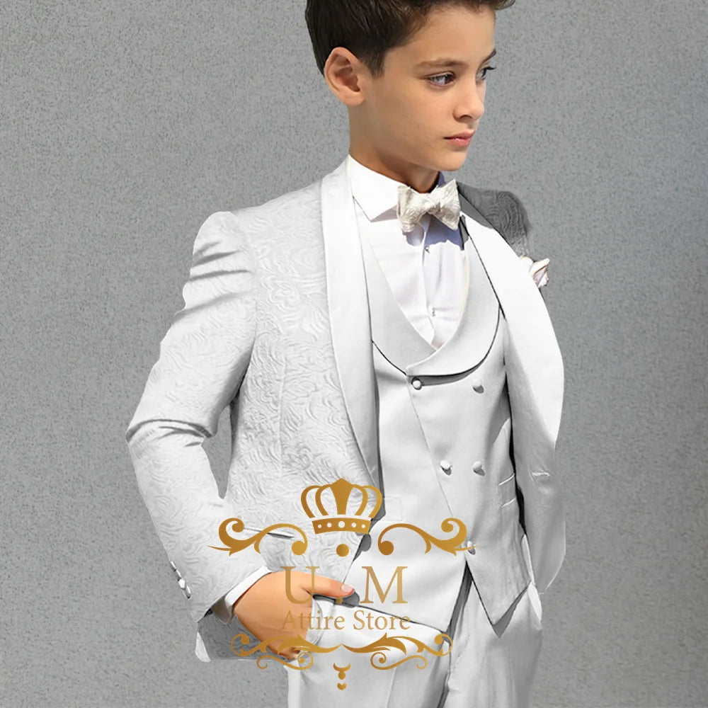 Haute Couture Boys' 3pcs Champagne Jacquard Jacket Vest Pants Slimming Set for Wedding Pageboy Xmas Birthday Party Child Gift