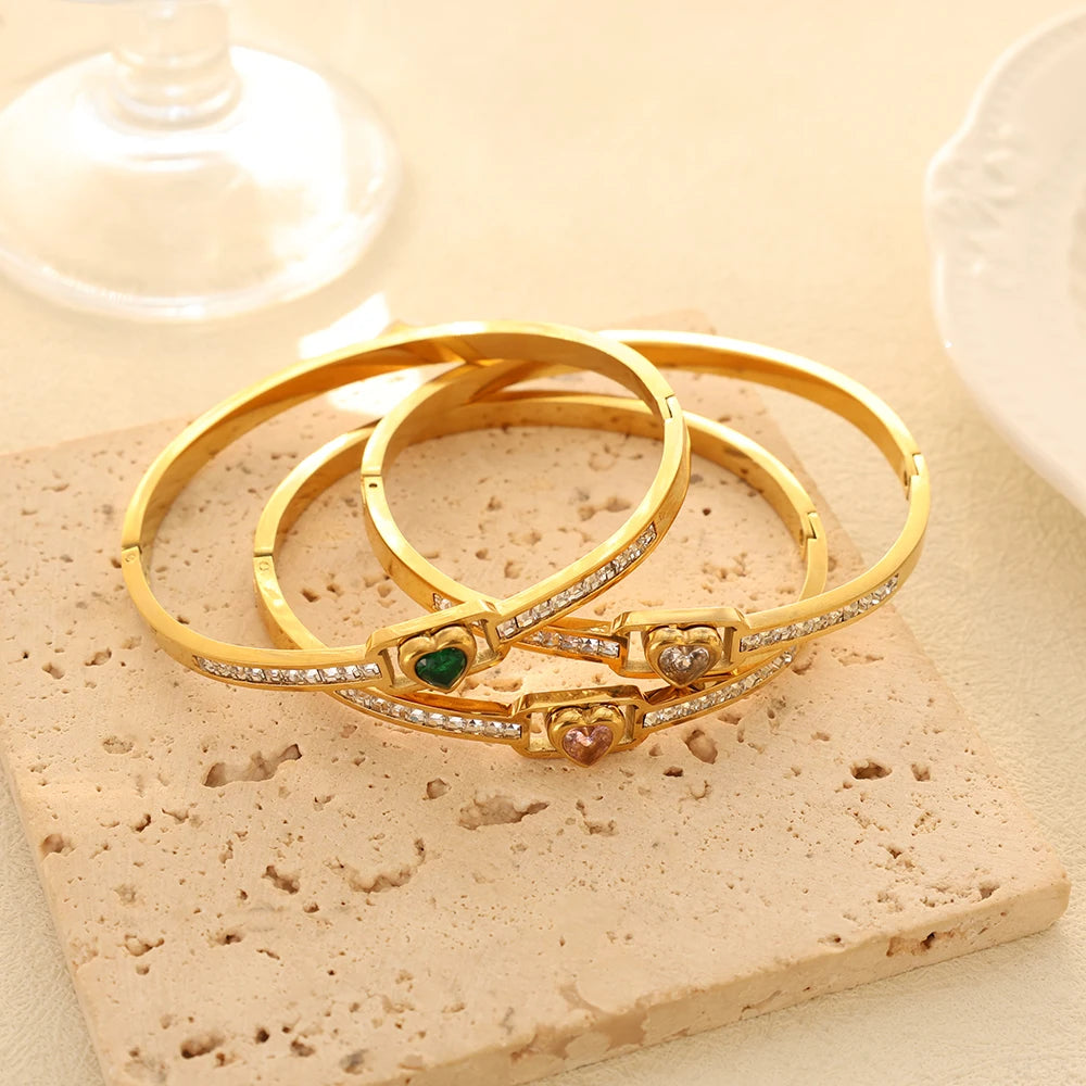 JOVO LOVE Vintage Square Frame Crystal Heart Bangle Stainless Steel Small Small Zircon Wrist Jewelry Women Valentine's Day Gifts
