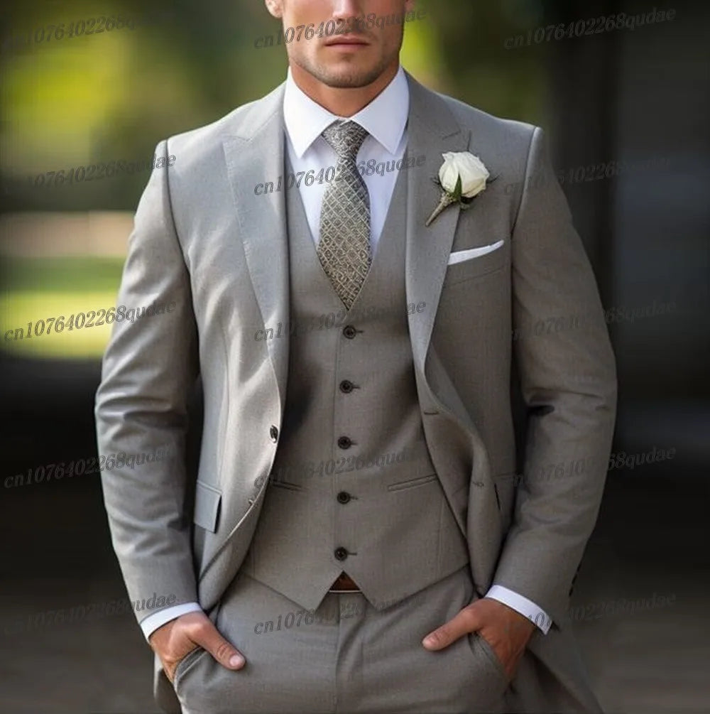 Grey Formal Men Suit Wedding Party Groom Suits Groomsman Male Tuxedos Bridegroom Costume 3 Piece Set Jacket Vest Pant