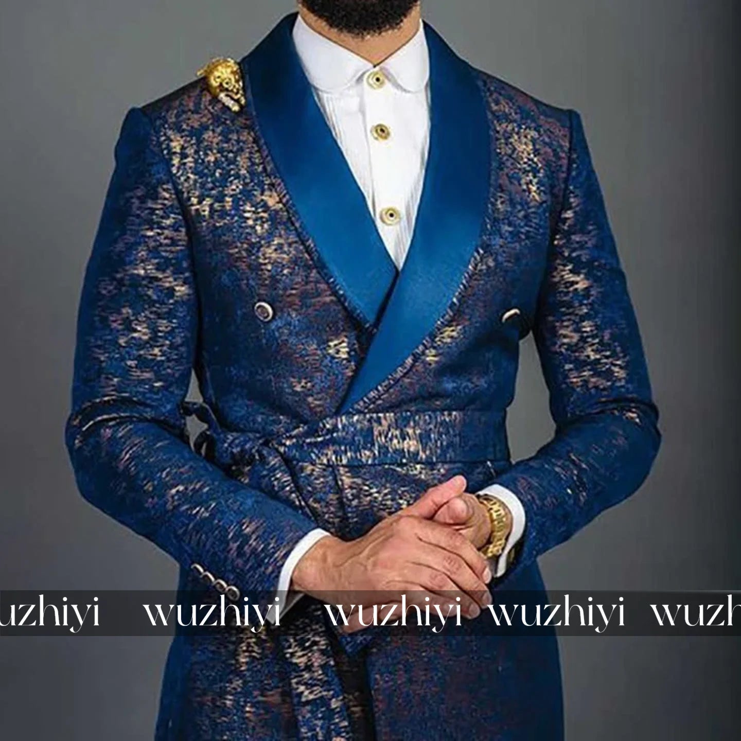 Luxury Blue Shawl Lapel Jacquard Men Suits Slim Fit Groom Wedding Tuxedos 2Pcs Sets Male Prom Blazers Belt Customized