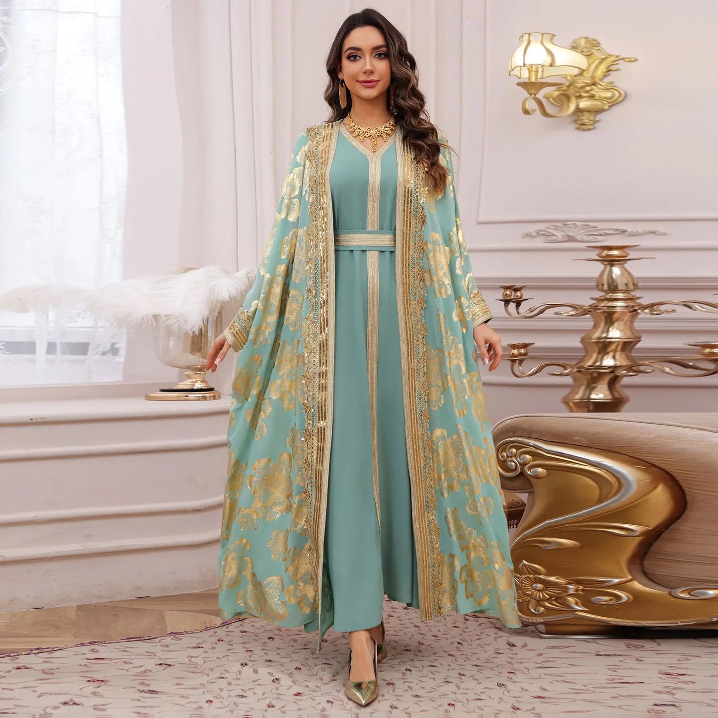 Eid Muslim Party Dress for Women Abaya with Inner Dress 2 Piece Set Jalabiya Ramadan Abayas Robe Caftan Vestidos Largos Kebaya