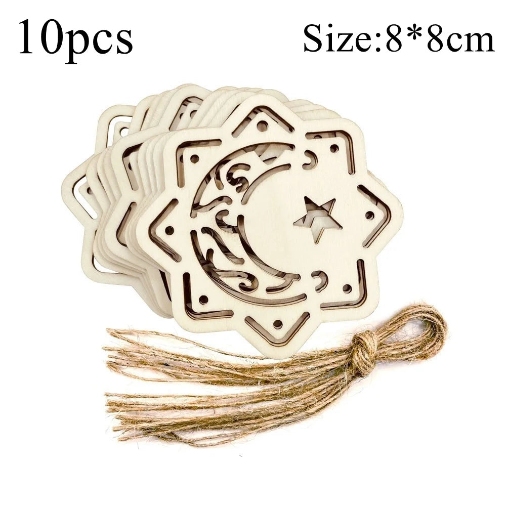 10pcs Eid Mubarak Wooden Hanging Pendant Hollowed Wooden DIY Painting Ornaments For Muslim Ramadan Kareem Home Party Decoration