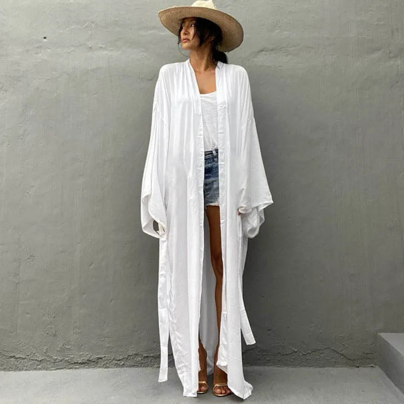 5 Colors Solid Bikini Cover-ups Long Kimono Sexy Belted Summer Wrap Dress Women Beach Wear Cover Up Cardigan Robe De Plage