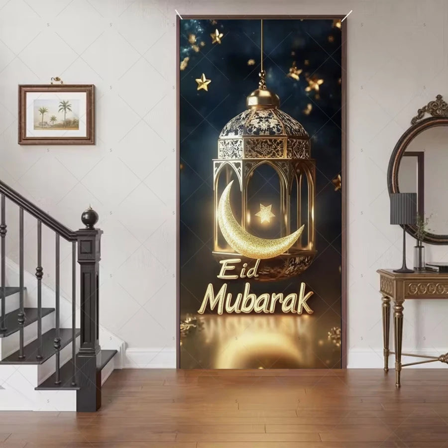 Ramadan Eid Door Cover Backdrop Supplies Moon Mosque Background Islamic Muslim Festival Theme Party Decoration Photography Props