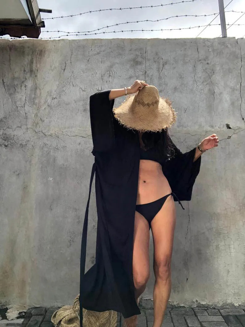 5 Colors Solid Bikini Cover-ups Long Kimono Sexy Belted Summer Wrap Dress Women Beach Wear Cover Up Cardigan Robe De Plage