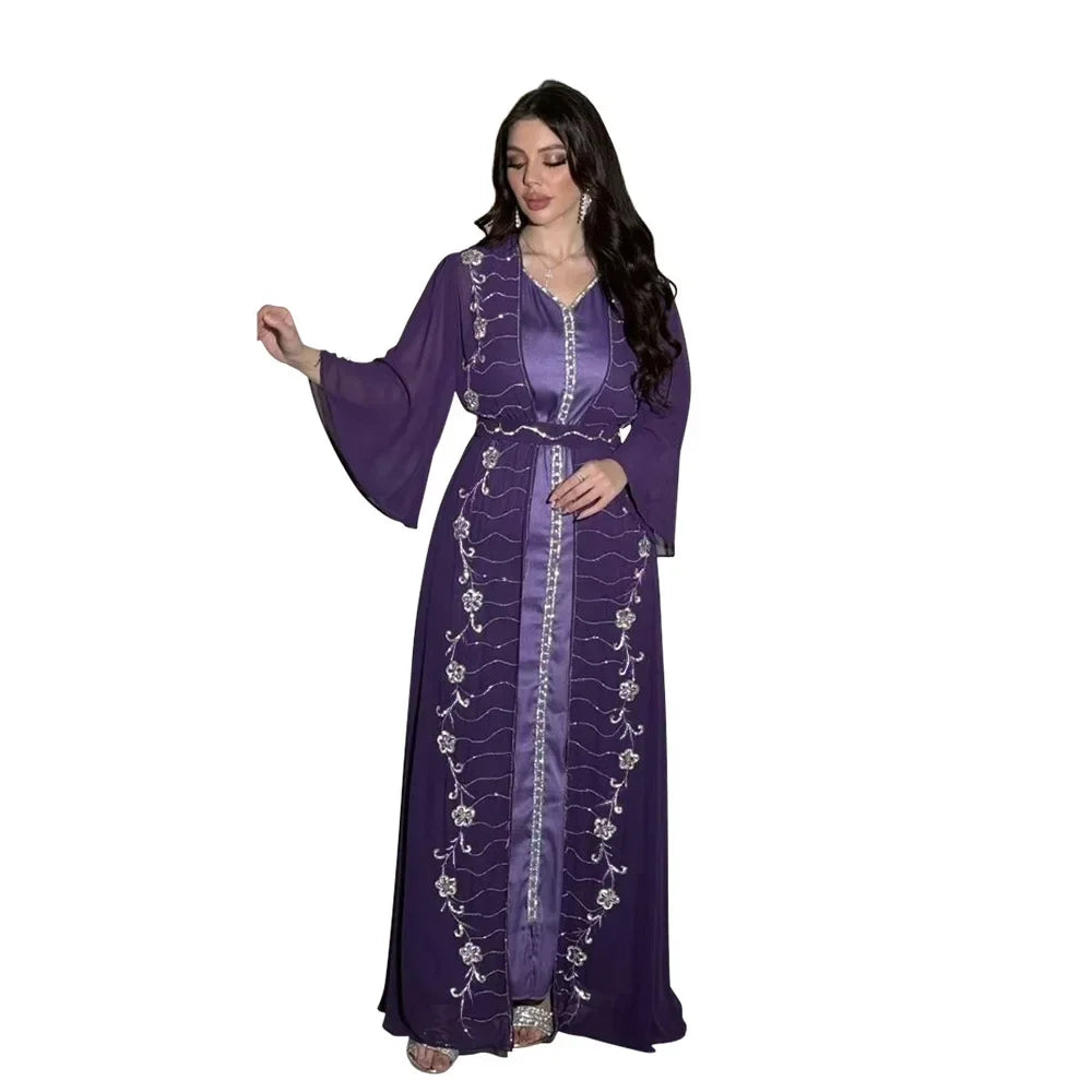 Muslim Set Dress Women Four-season Commute Muslim Set Fashion Party Dubai Turkey Long Sleeve Chiffon Cardigan Dress and Vest 2ps