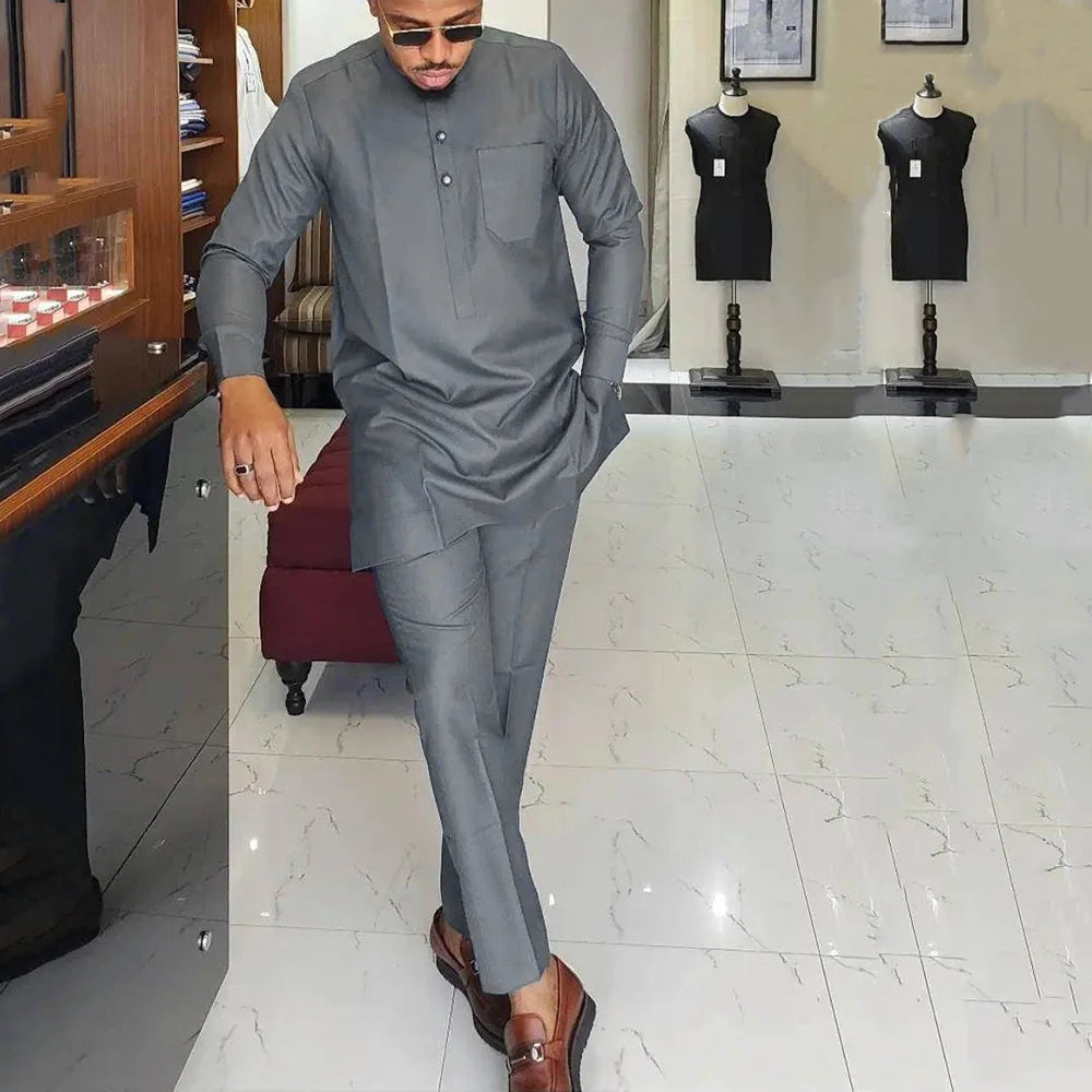 Kaftan Mens Designer Clothes Embroidered Tops And Trousers With Pockets Elegant Suits for Men African Casual 2 Pcs Suit Outfits
