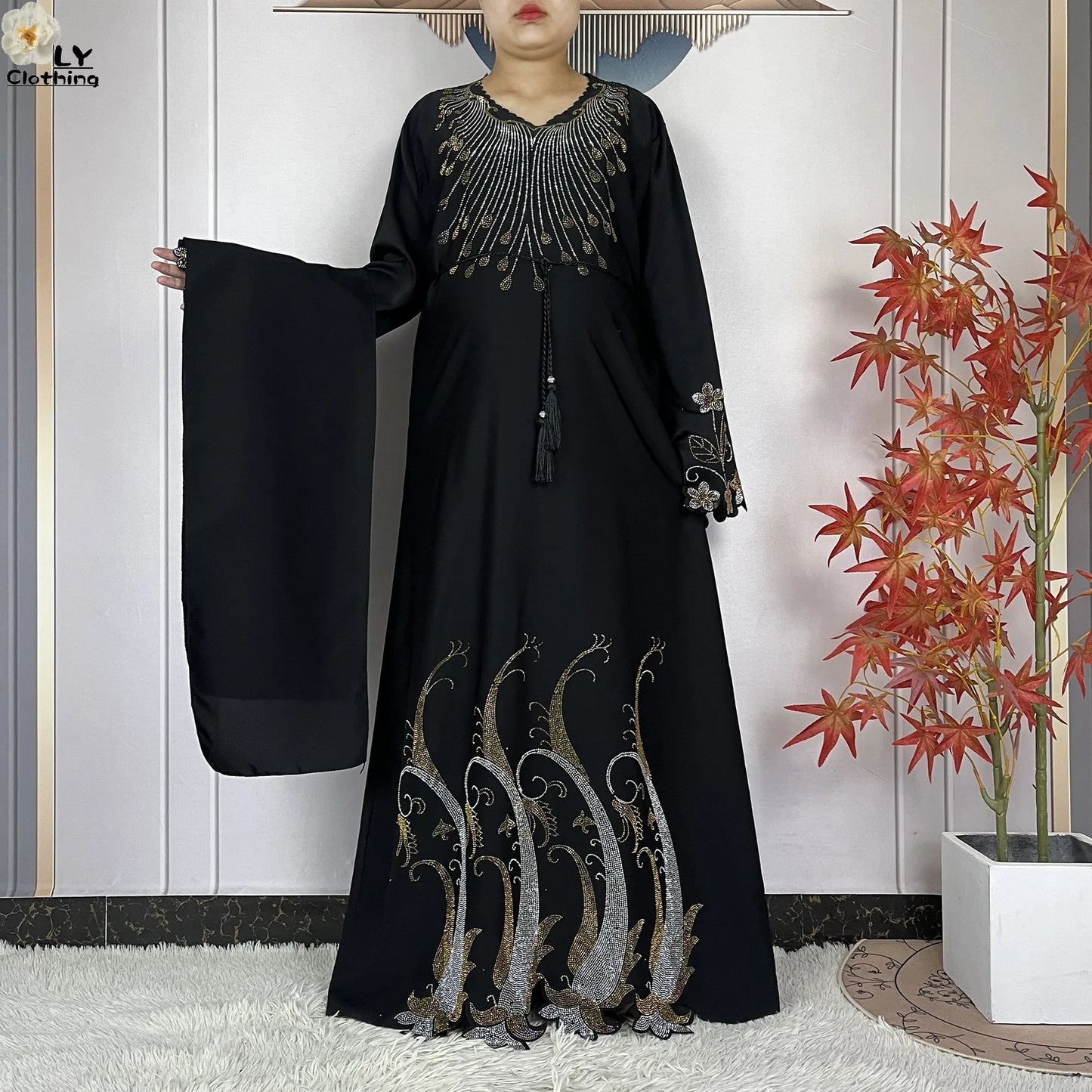 2025New Dubai Muslim Women Elegant Dress African Abaya Loose Butterfly Pattern Diamond Islamic Long Sleeve Turkey Femme Clothing