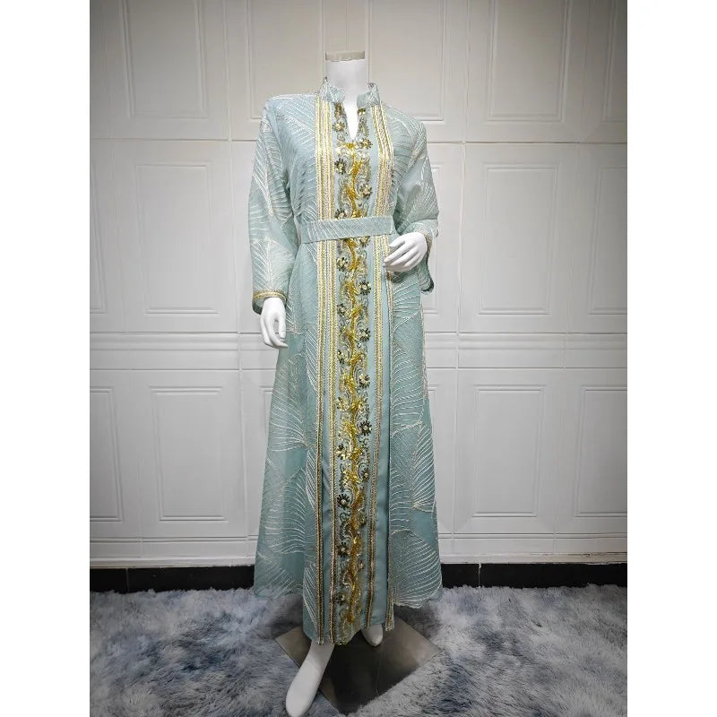Eid Muslim Party Dress for Women Abaya with Inner Dress 2 Piece Set Jalabiya Ramadan Abayas Robe Caftan Vestidos Largos 2024