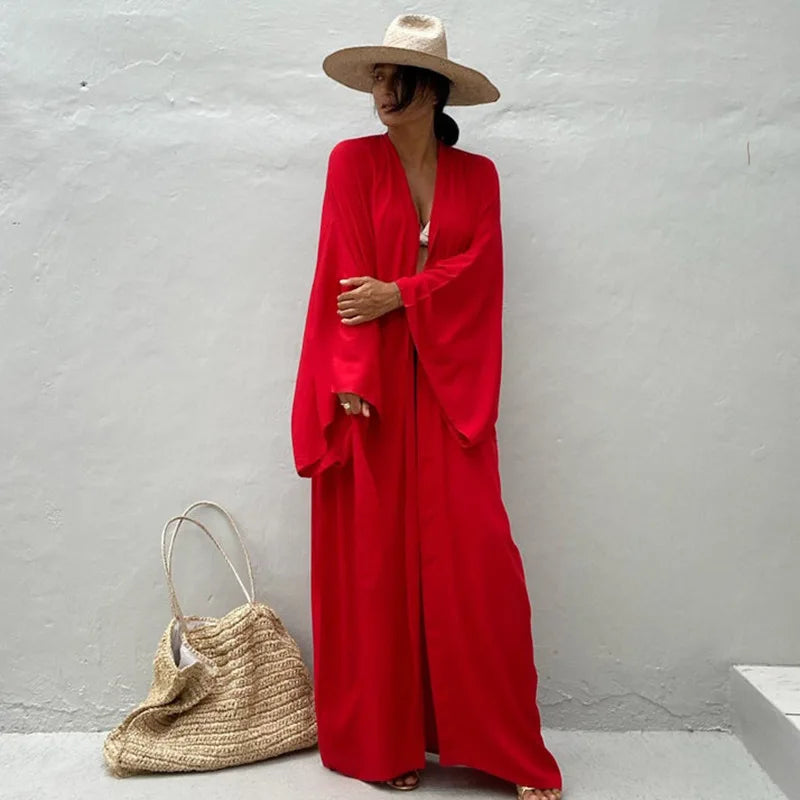 5 Colors Solid Bikini Cover-ups Long Kimono Sexy Belted Summer Wrap Dress Women Beach Wear Cover Up Cardigan Robe De Plage