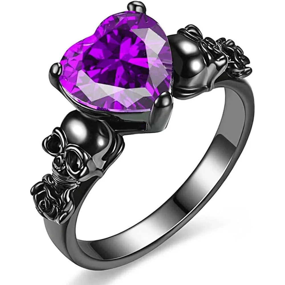 Gothic Skull Black Rose Flower Rings Women Purple Red Heart Zircon Crystal Valentine's Day Anniversary Engagement  Jewelry