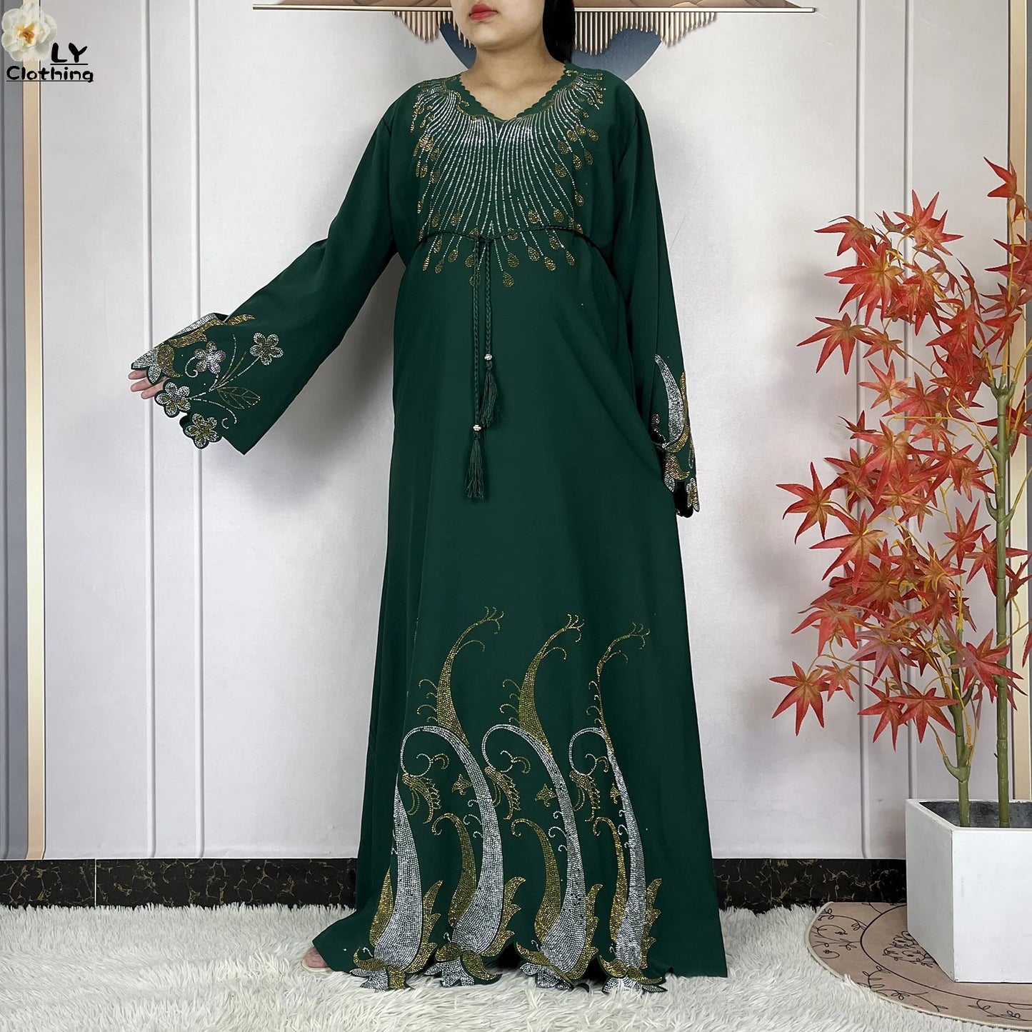 2025New Dubai Muslim Women Elegant Dress African Abaya Loose Butterfly Pattern Diamond Islamic Long Sleeve Turkey Femme Clothing
