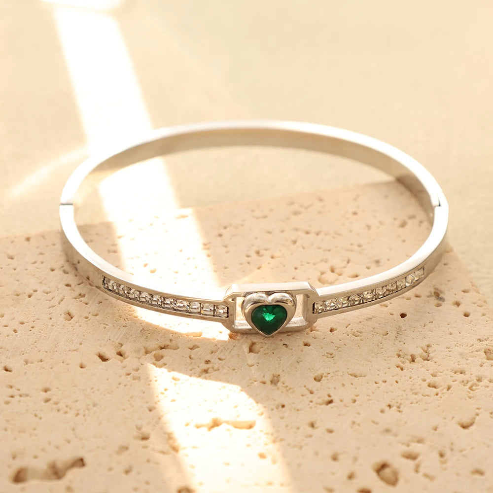 JOVO LOVE Vintage Square Frame Crystal Heart Bangle Stainless Steel Small Small Zircon Wrist Jewelry Women Valentine's Day Gifts