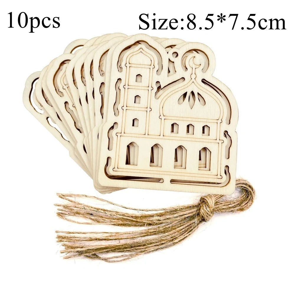 10pcs Eid Mubarak Wooden Hanging Pendant Hollowed Wooden DIY Painting Ornaments For Muslim Ramadan Kareem Home Party Decoration