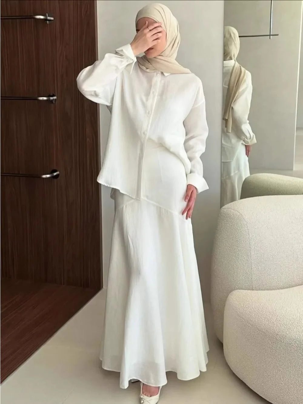 Eid Muslim Set Women Top Shirt Skirt 2 Piece Set Blouse Single Breaterd Solid Skirts Suits Arabic Dubai Musulman Ensembles 2025