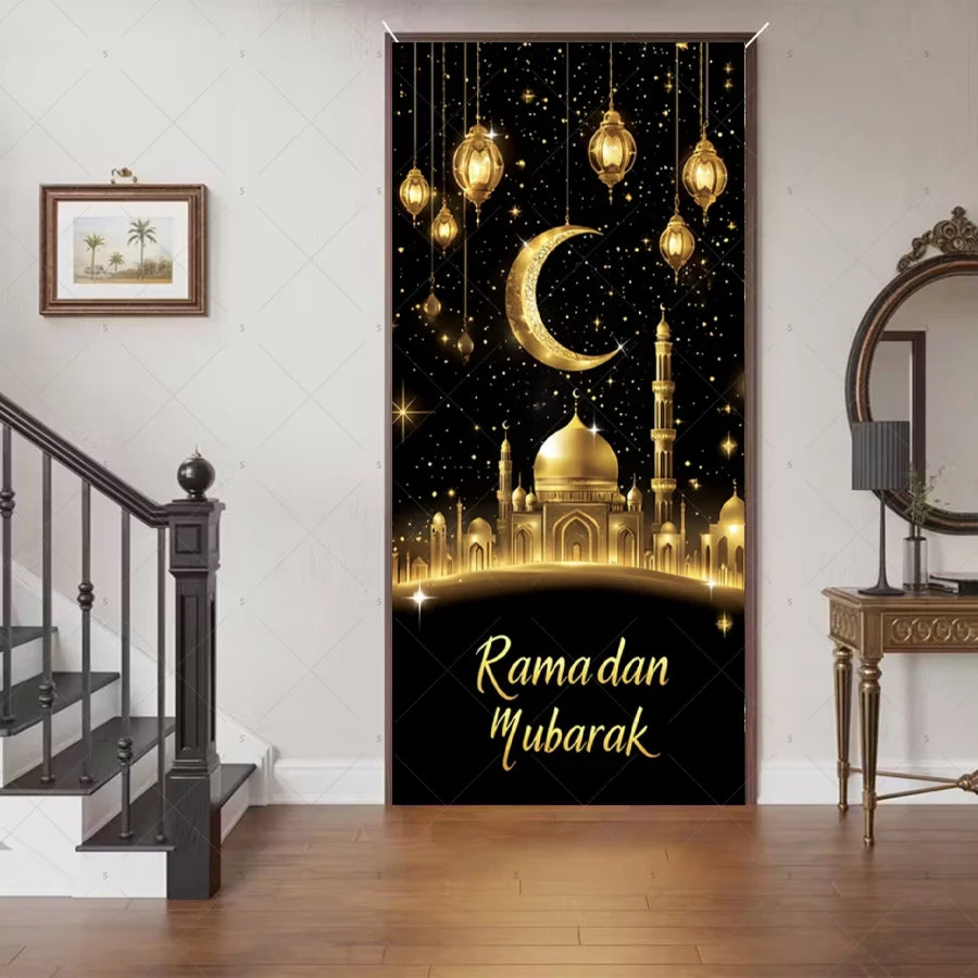 Ramadan Eid Door Cover Backdrop Supplies Moon Mosque Background Islamic Muslim Festival Theme Party Decoration Photography Props
