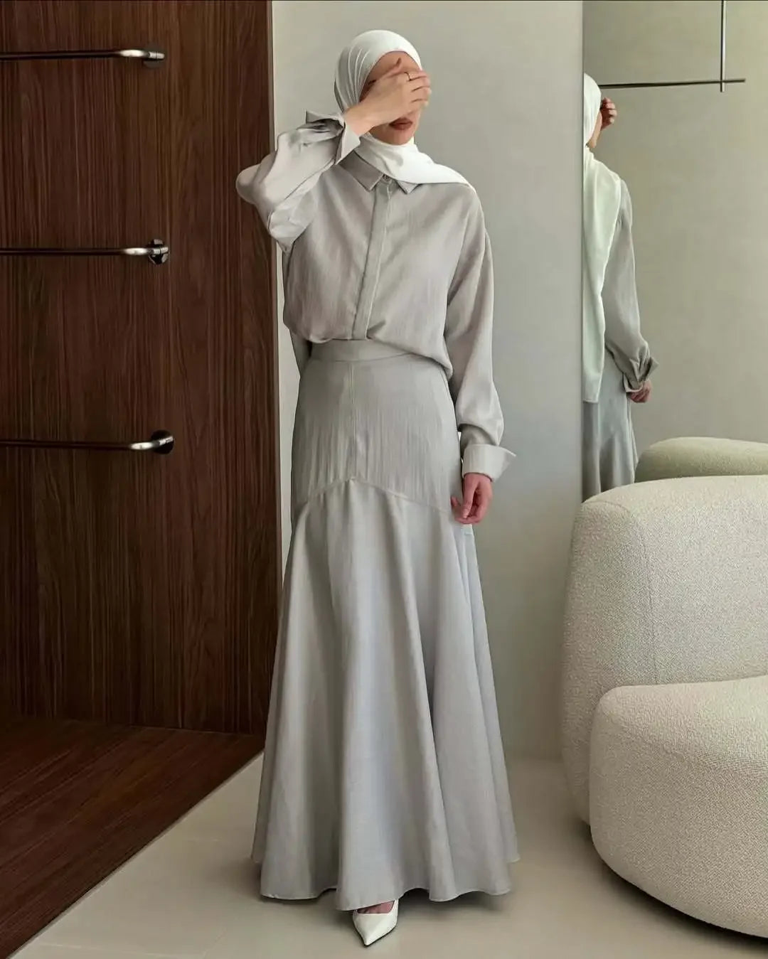 Eid Muslim Set Women Top Shirt Skirt 2 Piece Set Blouse Single Breaterd Solid Skirts Suits Arabic Dubai Musulman Ensembles 2025