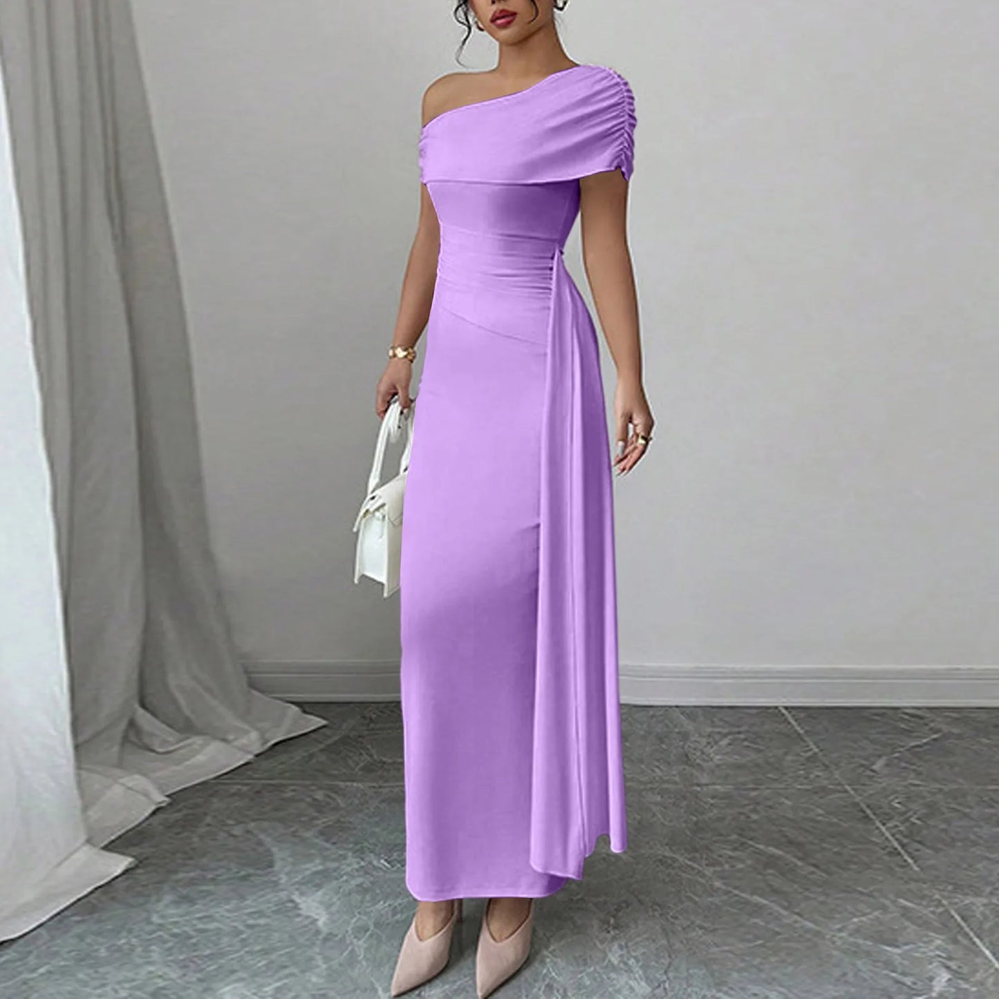 Sexy Party Long Dresses for Women Slant Neck Sleeveless Solid Color Dress Slim-fit Pleated Maxi Gown Fashion Bodycon Dress