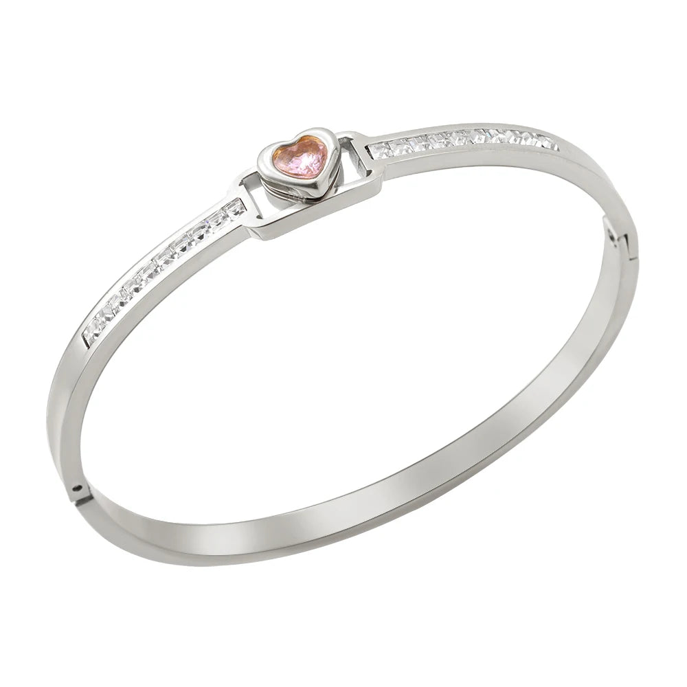 JOVO LOVE Vintage Square Frame Crystal Heart Bangle Stainless Steel Small Small Zircon Wrist Jewelry Women Valentine's Day Gifts