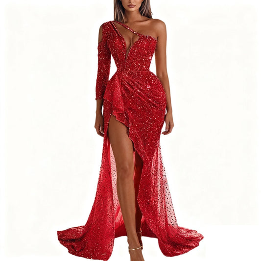 Women's Formal Evening Dresses Sexy Sequin One Shoulder Long Dress for Party Gatherings Banquets Proms Weddings Formal Events