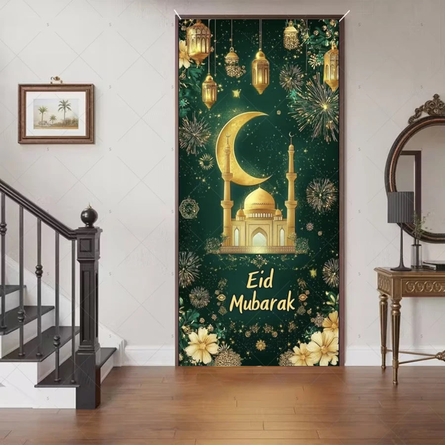 Ramadan Eid Door Cover Backdrop Supplies Moon Mosque Background Islamic Muslim Festival Theme Party Decoration Photography Props