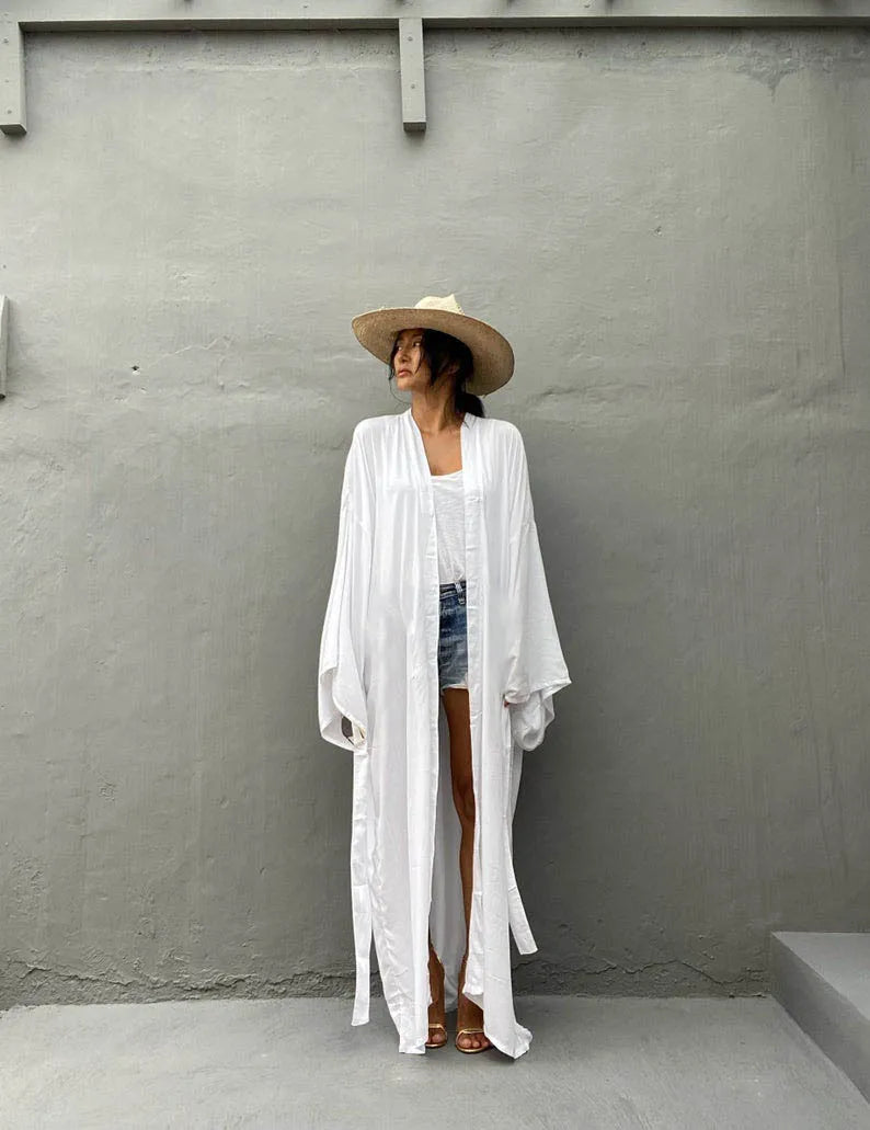 5 Colors Solid Bikini Cover-ups Long Kimono Sexy Belted Summer Wrap Dress Women Beach Wear Cover Up Cardigan Robe De Plage