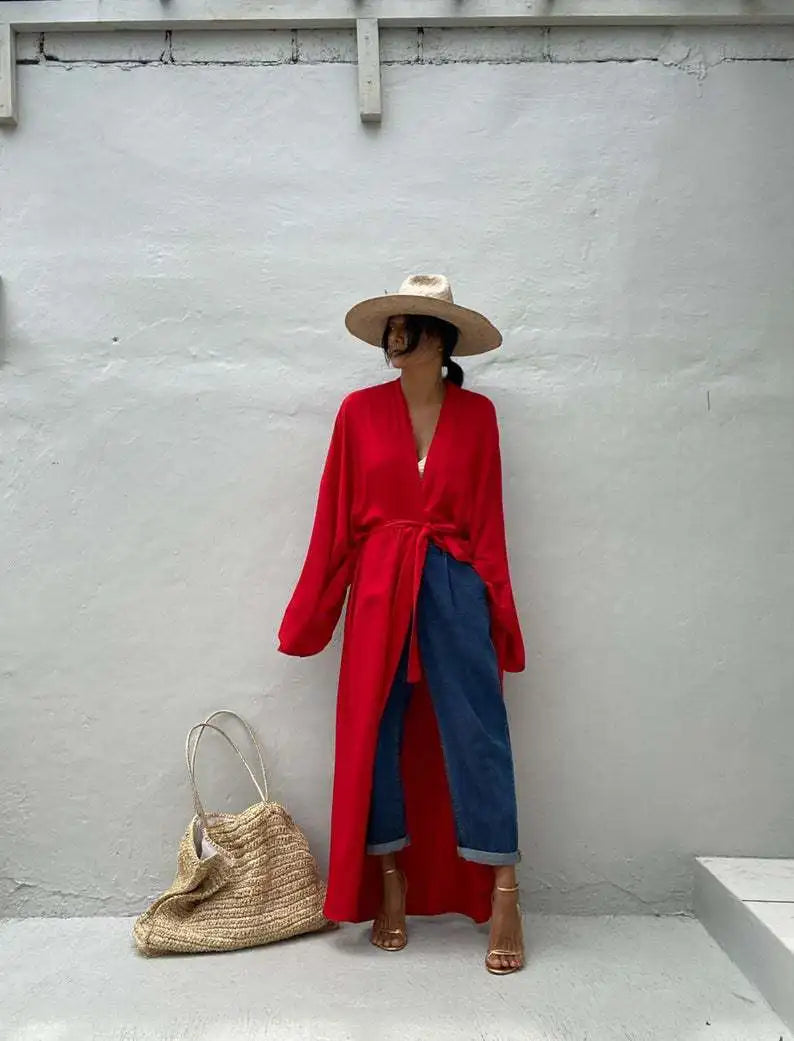 5 Colors Solid Bikini Cover-ups Long Kimono Sexy Belted Summer Wrap Dress Women Beach Wear Cover Up Cardigan Robe De Plage
