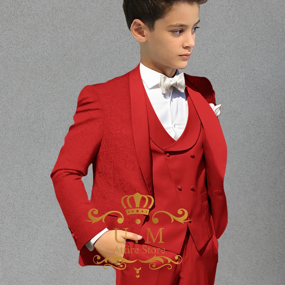 Haute Couture Boys' 3pcs Champagne Jacquard Jacket Vest Pants Slimming Set for Wedding Pageboy Xmas Birthday Party Child Gift