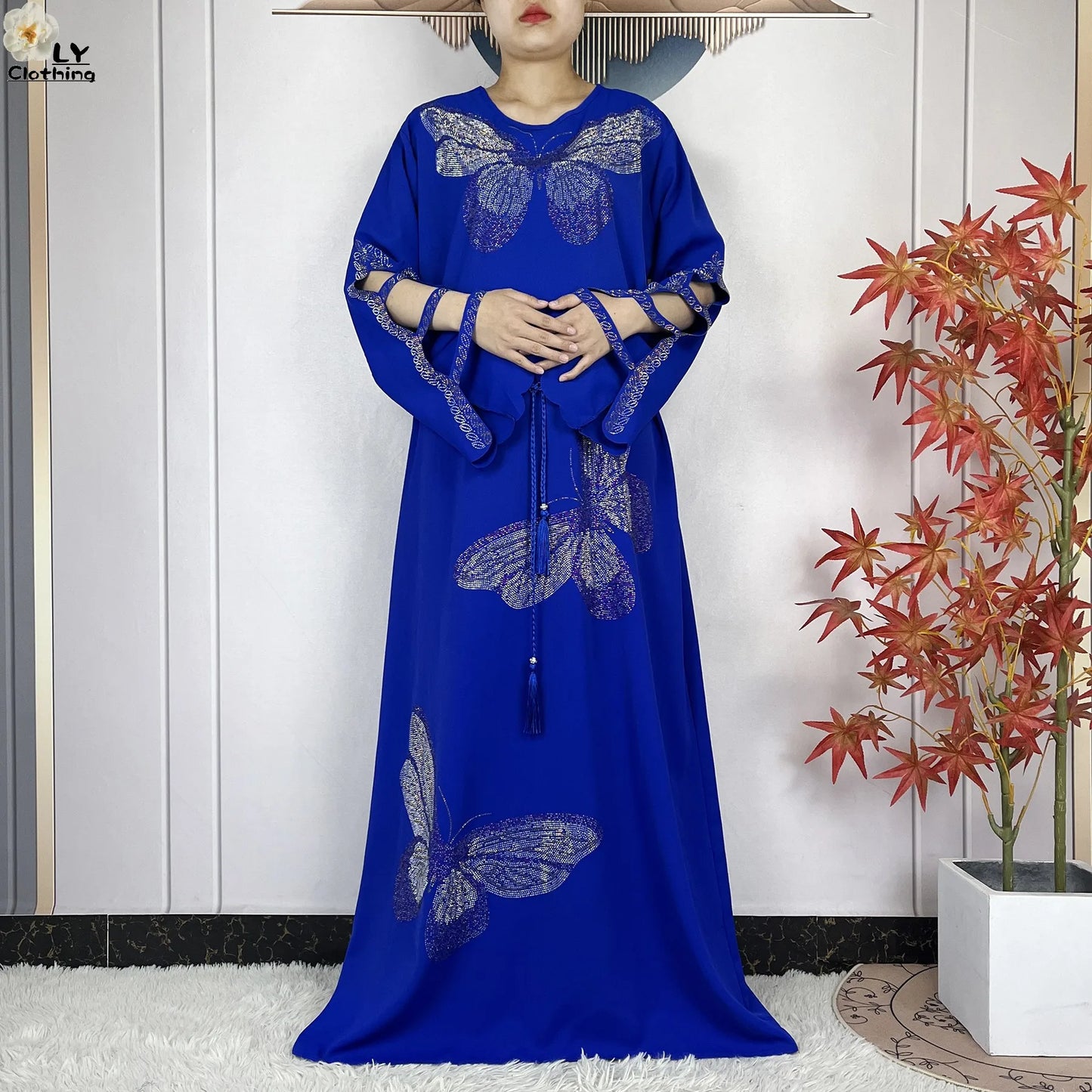 2025New Dubai Muslim Women Elegant Dress African Abaya Loose Butterfly Pattern Diamond Islamic Long Sleeve Turkey Femme Clothing