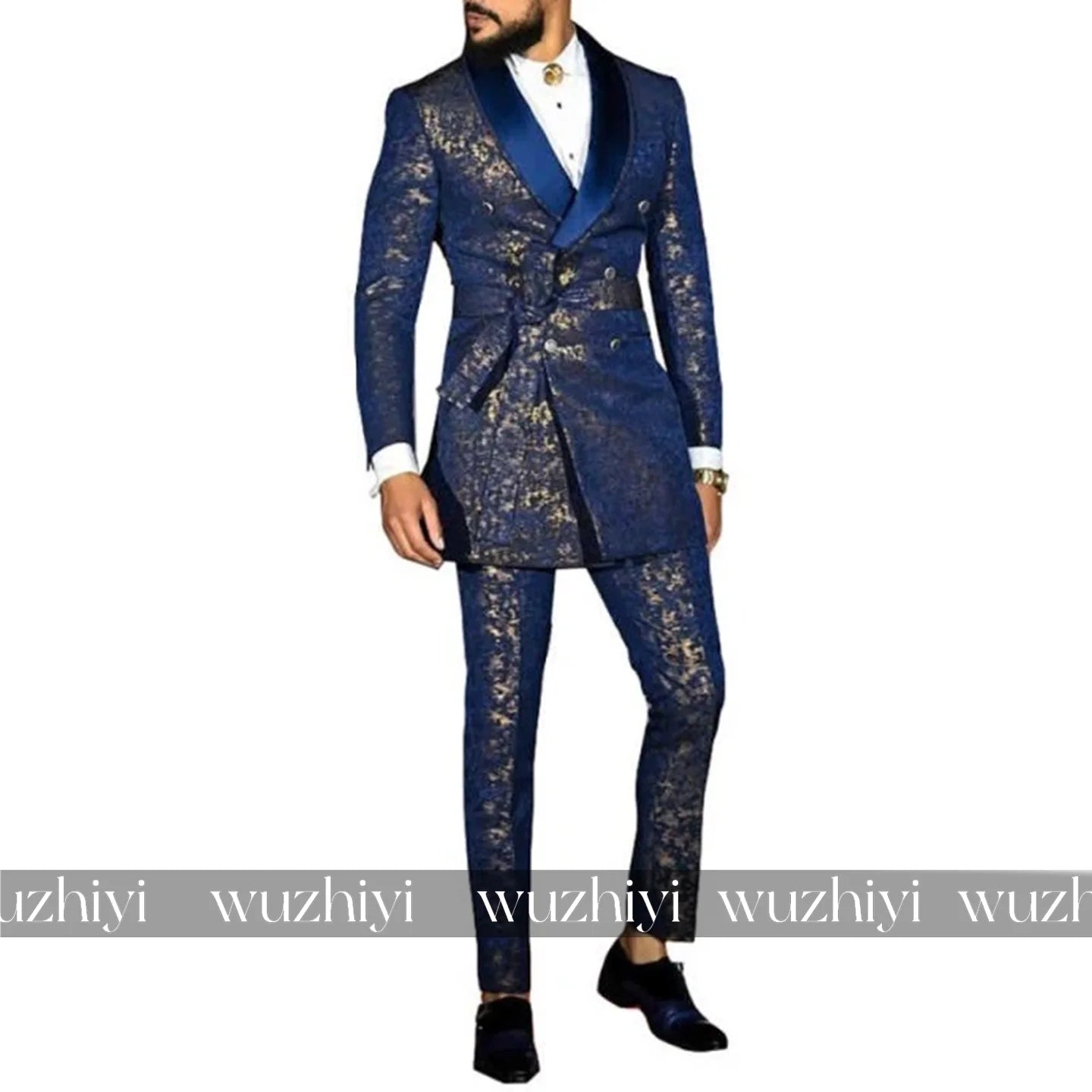 Luxury Blue Shawl Lapel Jacquard Men Suits Slim Fit Groom Wedding Tuxedos 2Pcs Sets Male Prom Blazers Belt Customized