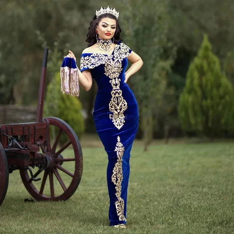 Moroccan Kaftan Caftan Muslim Evening Dresses Gold Lace Appliques Cap Sleeve Royal Blue Mermaid Velvet Arabic Long Prom Gowns