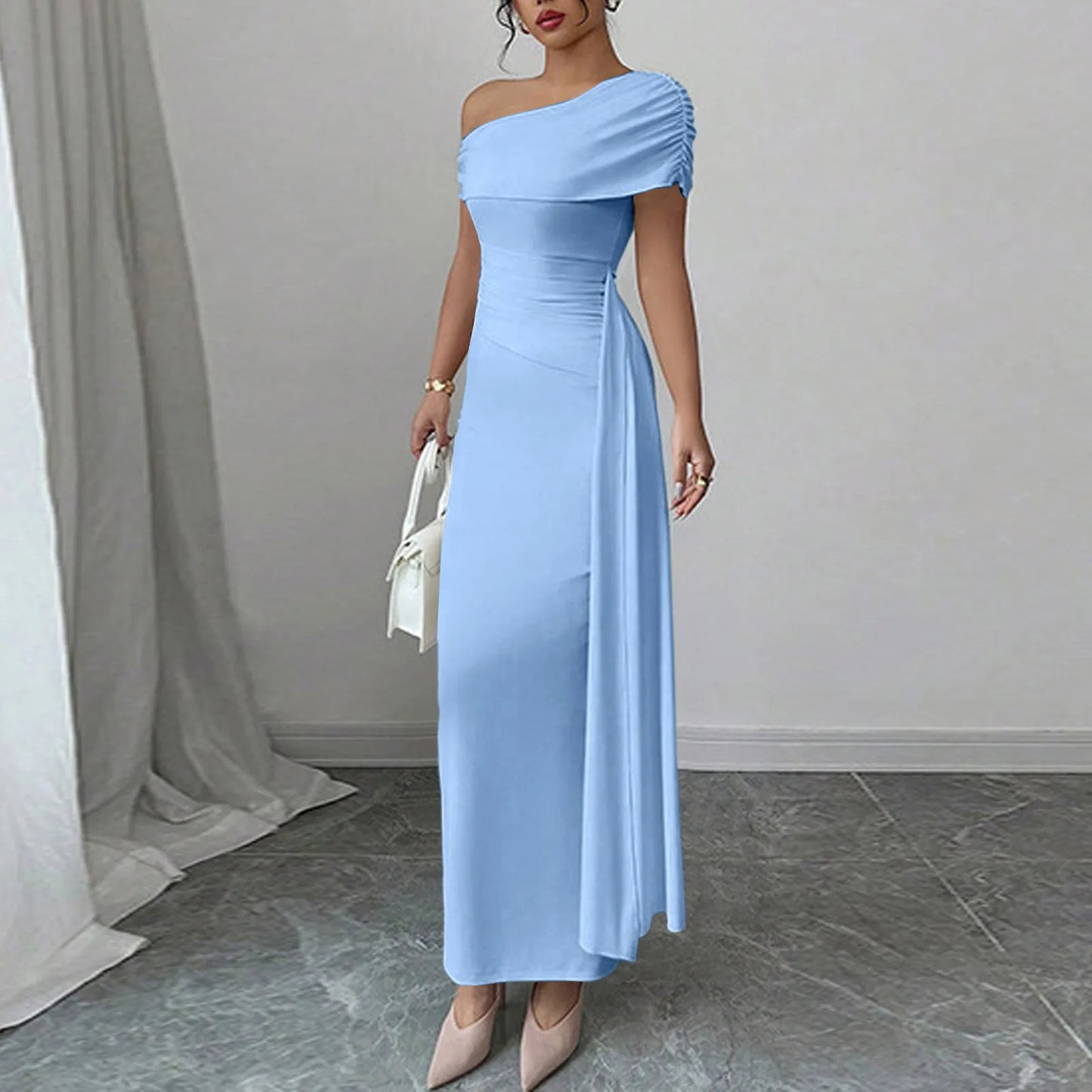 Sexy Party Long Dresses for Women Slant Neck Sleeveless Solid Color Dress Slim-fit Pleated Maxi Gown Fashion Bodycon Dress