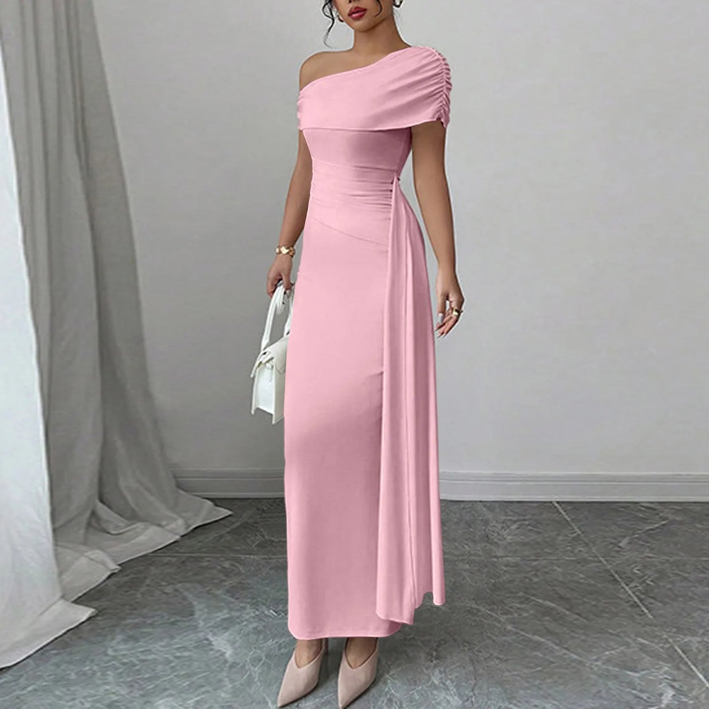 Sexy Party Long Dresses for Women Slant Neck Sleeveless Solid Color Dress Slim-fit Pleated Maxi Gown Fashion Bodycon Dress