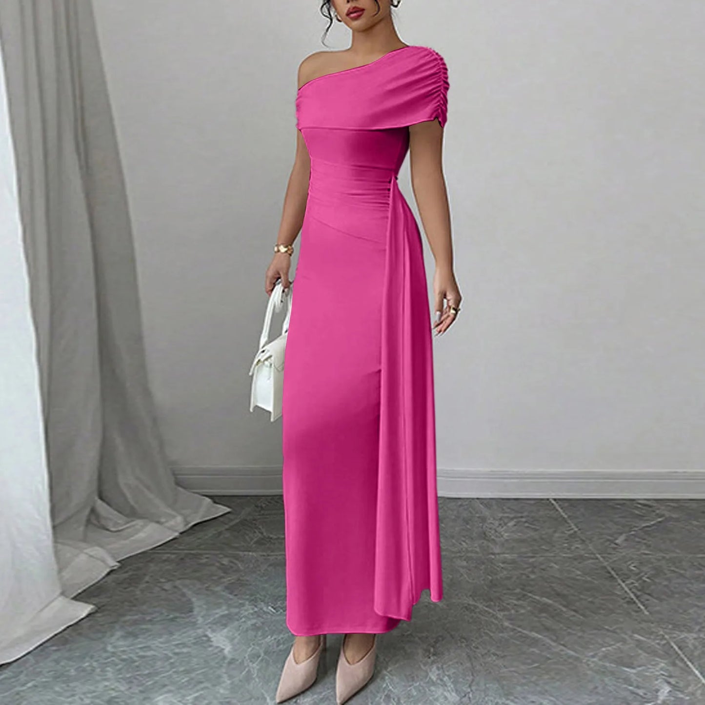 Sexy Party Long Dresses for Women Slant Neck Sleeveless Solid Color Dress Slim-fit Pleated Maxi Gown Fashion Bodycon Dress