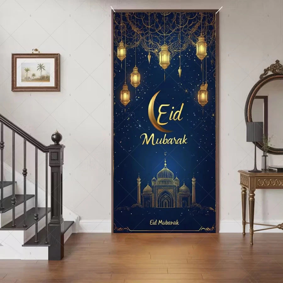 Ramadan Eid Door Cover Backdrop Supplies Moon Mosque Background Islamic Muslim Festival Theme Party Decoration Photography Props