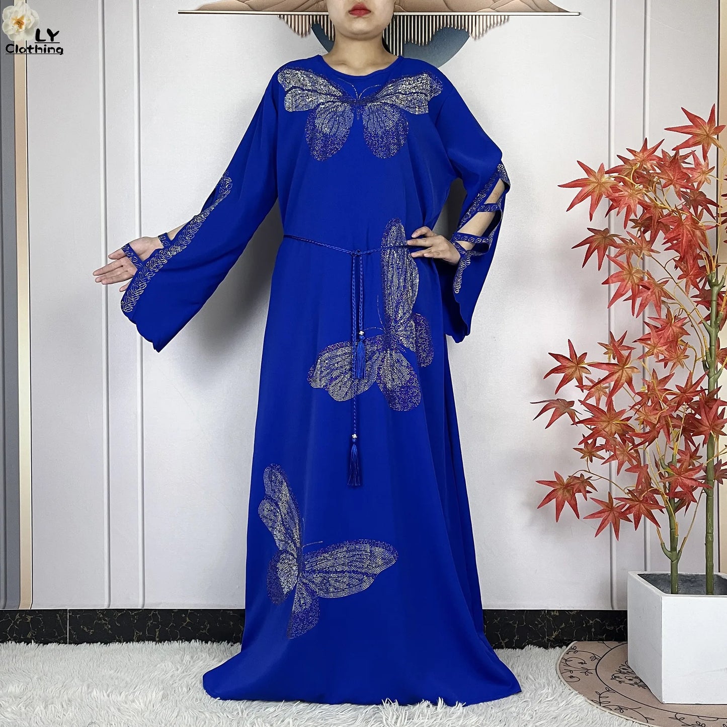 2025New Dubai Muslim Women Elegant Dress African Abaya Loose Butterfly Pattern Diamond Islamic Long Sleeve Turkey Femme Clothing