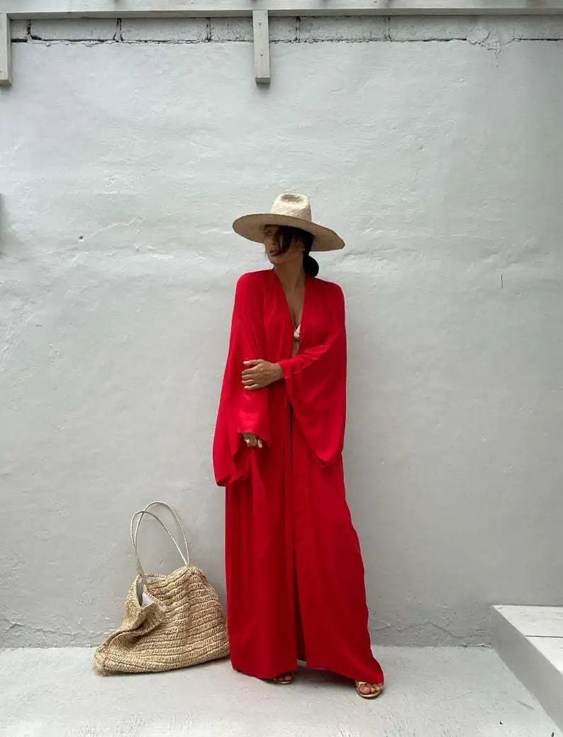 5 Colors Solid Bikini Cover-ups Long Kimono Sexy Belted Summer Wrap Dress Women Beach Wear Cover Up Cardigan Robe De Plage