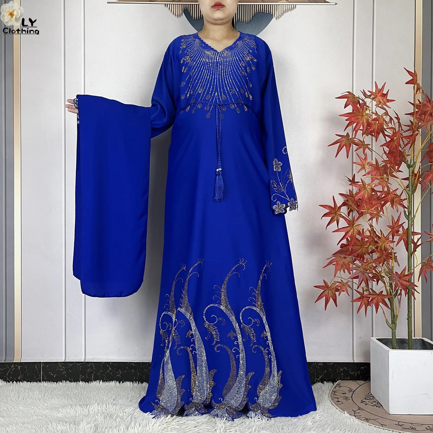 2025New Dubai Muslim Women Elegant Dress African Abaya Loose Butterfly Pattern Diamond Islamic Long Sleeve Turkey Femme Clothing