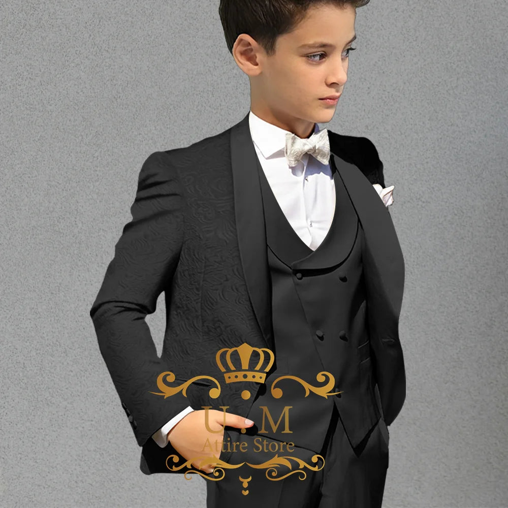 Haute Couture Boys' 3pcs Champagne Jacquard Jacket Vest Pants Slimming Set for Wedding Pageboy Xmas Birthday Party Child Gift